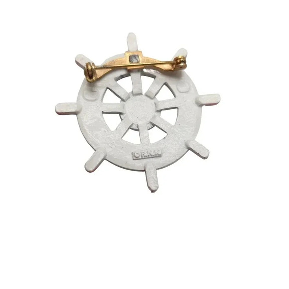 RNK Blue Red Enamel Metal Captains Boats Wheel Brooch Pin Vintage - Picture 5 of 6